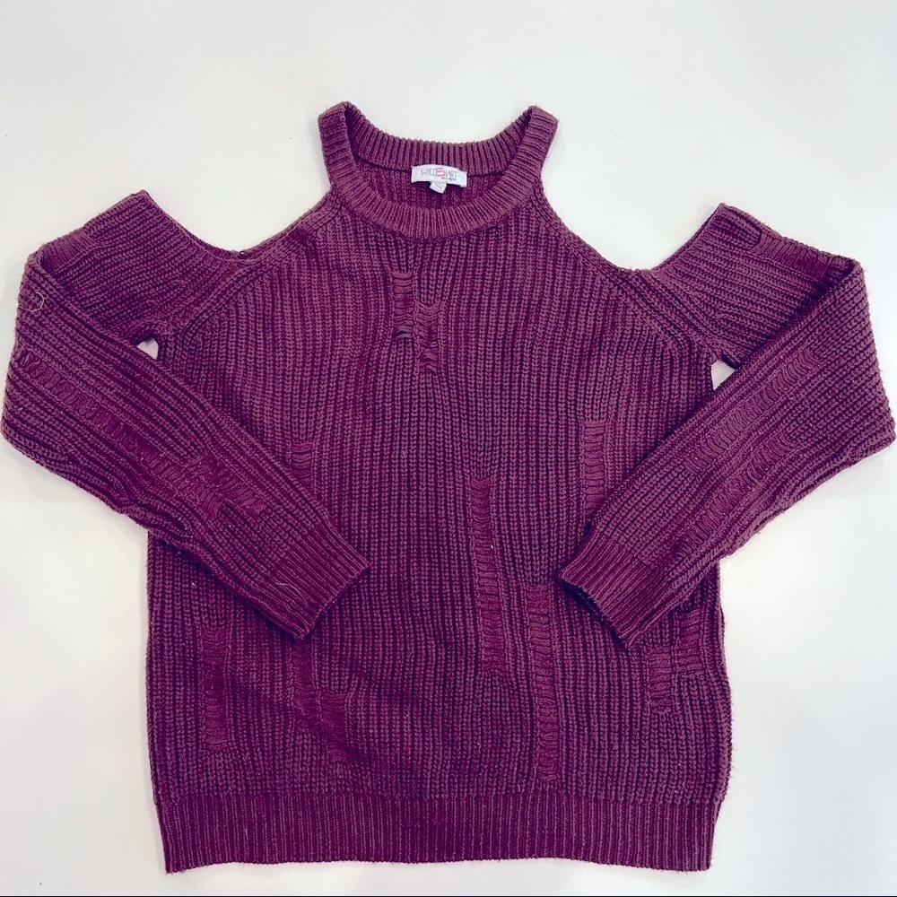 Cold shoulder distressed sweater